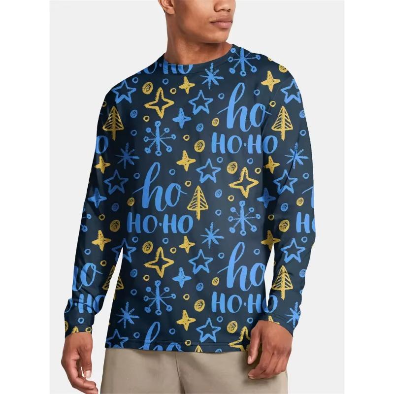 Autumn and Winter Men's Santa Claus 3D Printed Crew Neck Long Sleeve T-Shirt