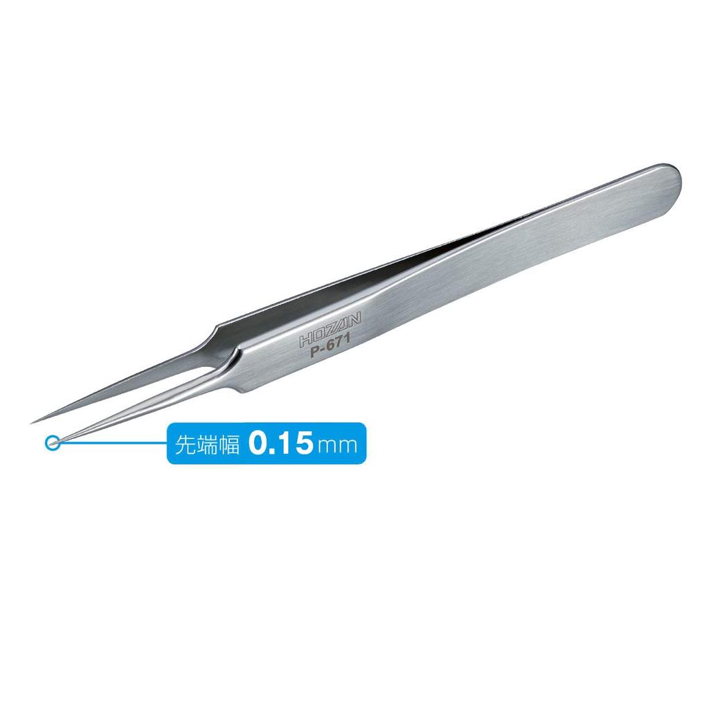 HOZAN Precision Tweezers, Fully Non-Magnetic, 110mm Long, 6mm Opening, 0.15mm Tip, Tapered, P-671