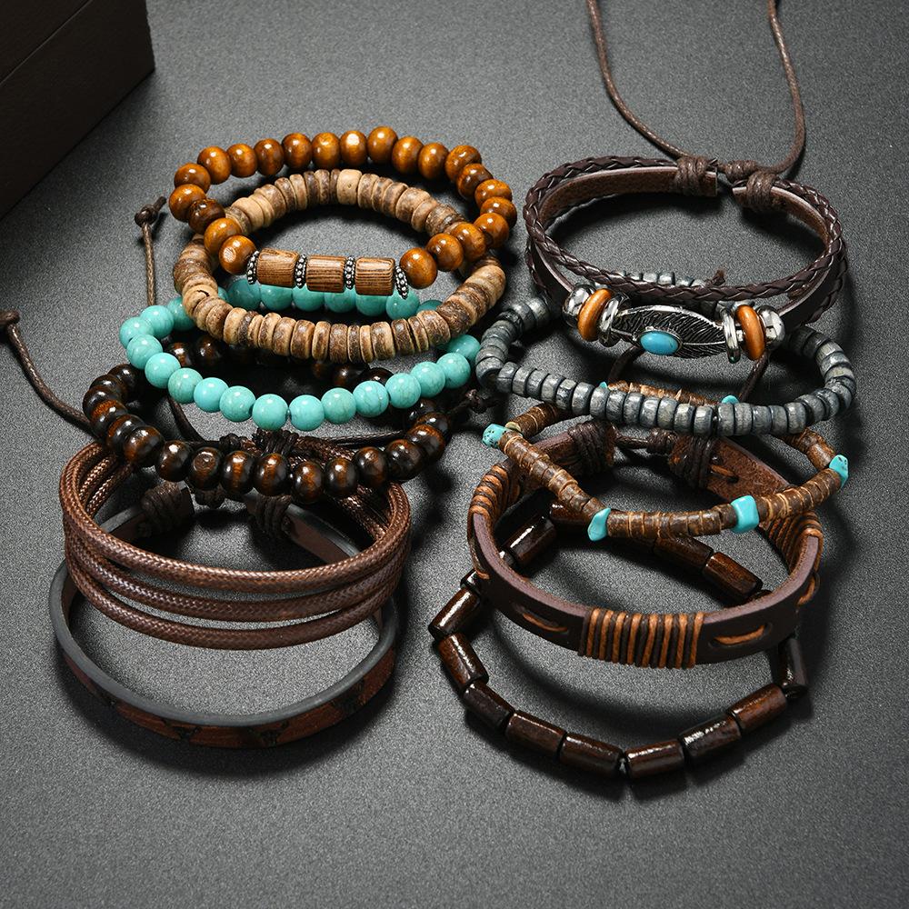 Perles en bois de coquille de noix de coco Perles Bracelets Bracelets en cuir pour hommes et femmes Ensemble de 11 pièces