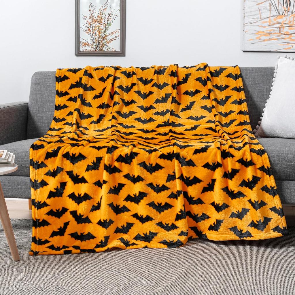 Bat Halloween Fleece Throw Blanket Soft Plush Warm Black Fall Cabin Design for Couch Decorative Autumn Home Accessories