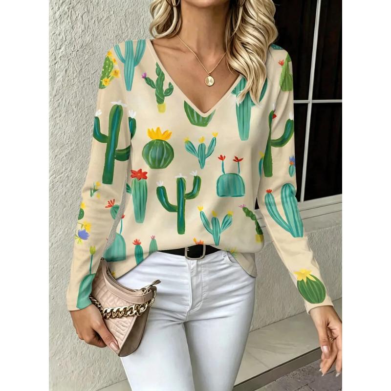 Fashion Women's V-Neck Long Sleeve 3D Animal Color Printing Casual Long Sleeve V-Neck T-Shirt