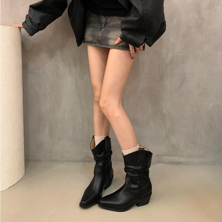 Vintage Suede Pile Boots Apricot Short Boots Western Boots Pleated Women's Boots Autumn Thick Heel Short Boots Knight Boots