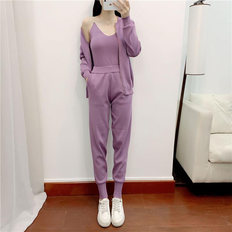 Herbst Winter Neuer Strickanzug Damenmode Lässiger Cardigan Weste Hose Dreiteiliges Set