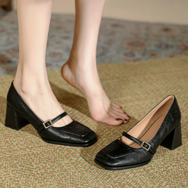 Buty Mary Jane na grubym obcasie Retro kwadratowy nosek Damskie buty Temperament Pojedyncze buty Francuskie eleganckie buty do pracy Płytkie wycięcie Wysokie obcasy