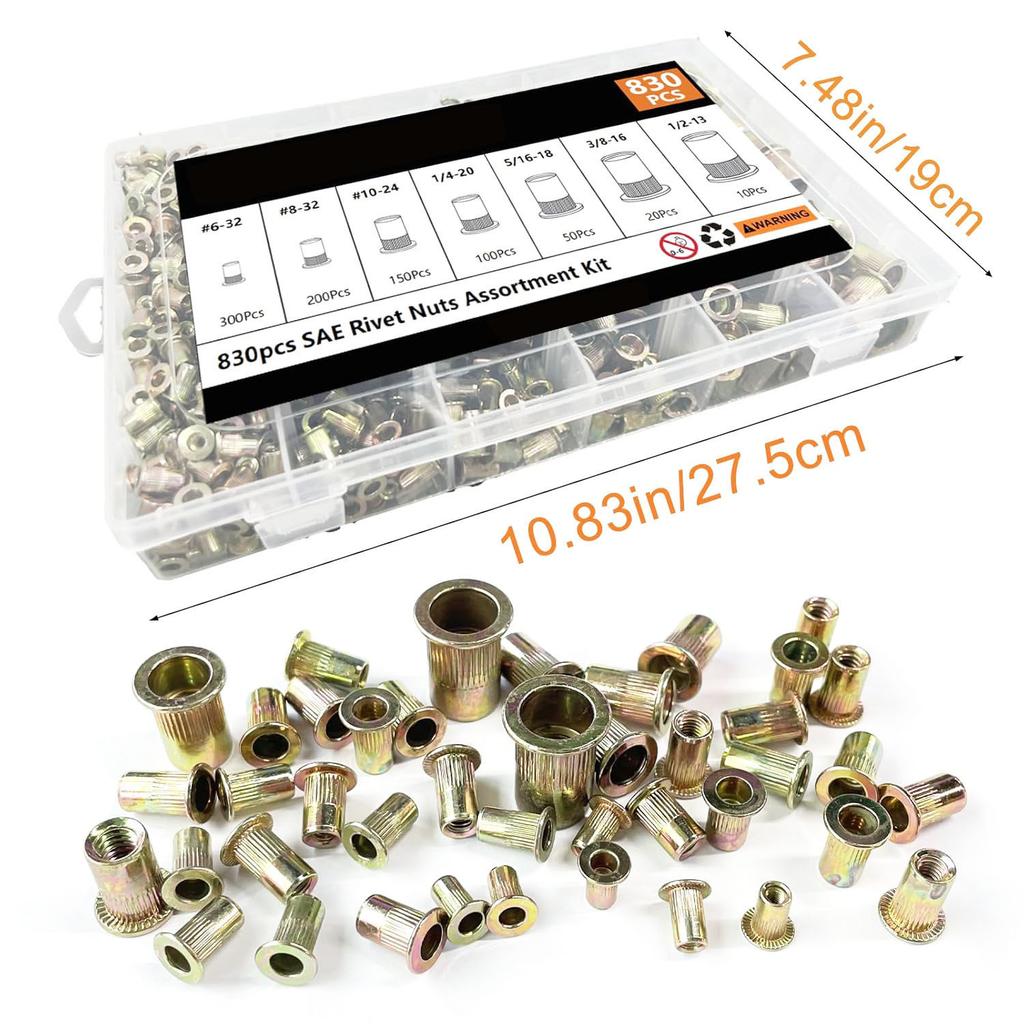 520Pcs830pcs Carbon Steel Male and British Color Zinc Rivet Nut Set Vertical Flat Head Rivet Nut