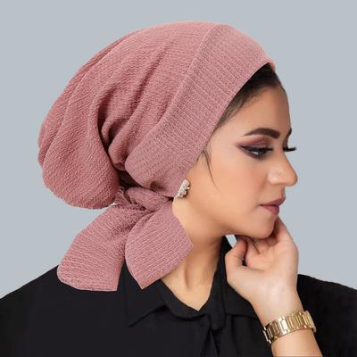 Einfarbige Crinkle-Turban-Hijab-Mützen mit langem Schwanz, Kopfwickel, elastische muslimische Hüte, atmungsaktive Chemo-Kappe für Frauen und Mädchen