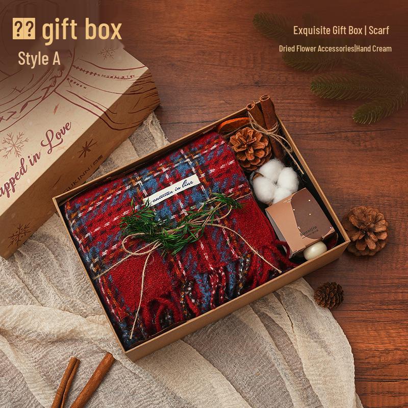 

High-End New Year Souvenir: Red Scarf & Hand Cream Gift Box for Girls