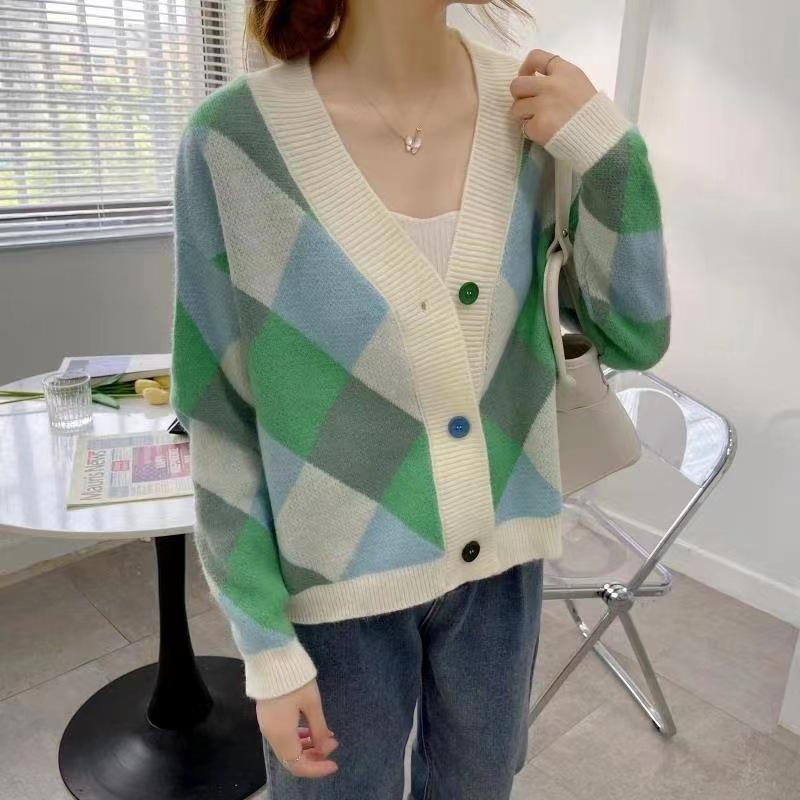 Rhombus sweater women's design sense casual lazy style fashion contrasting color v-neck knitted cardigan women's autumn new