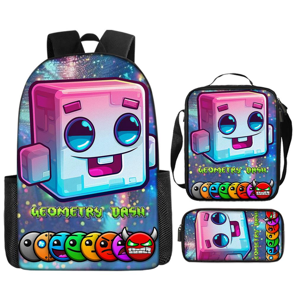 Cartoon Geometry Dash Kinder Schulrucksack mit Umhängetasche Federmäppchen Schultaschen für Jungen Mädchen Bestes Geschenk