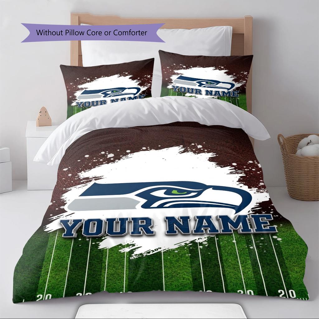 Name Custom Seattle Seahawks Logo Pattern Bedding Set Quilt Cover Pillowcase Home Decor Gift (1 * duvet cover + 2 * pillowcase, without core)