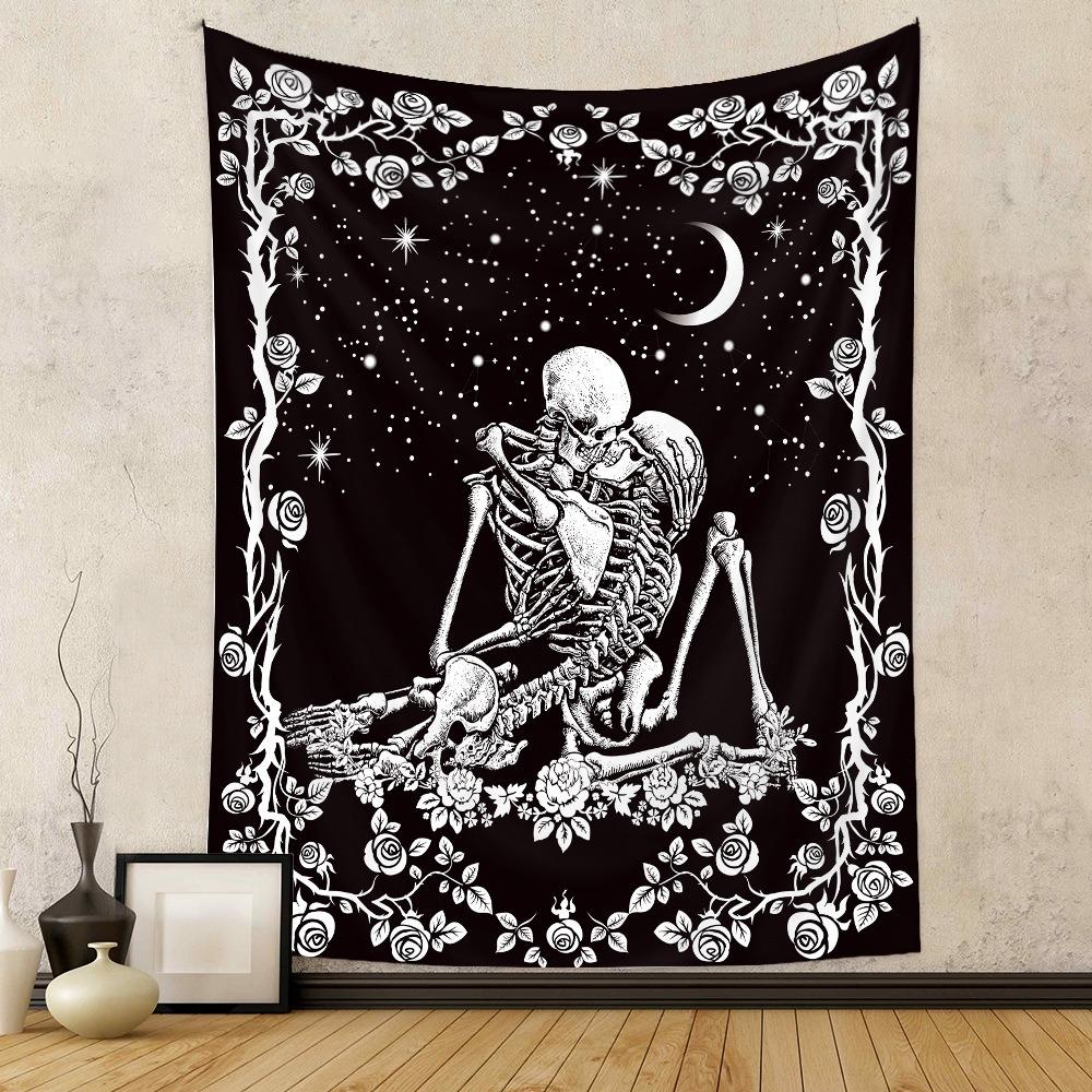 The Lovers Tarot Card Tapestry Skeleton Kissing Wall Hanging Vintage Floral Polyester Decor for Bedroom Living Room Aesthetic