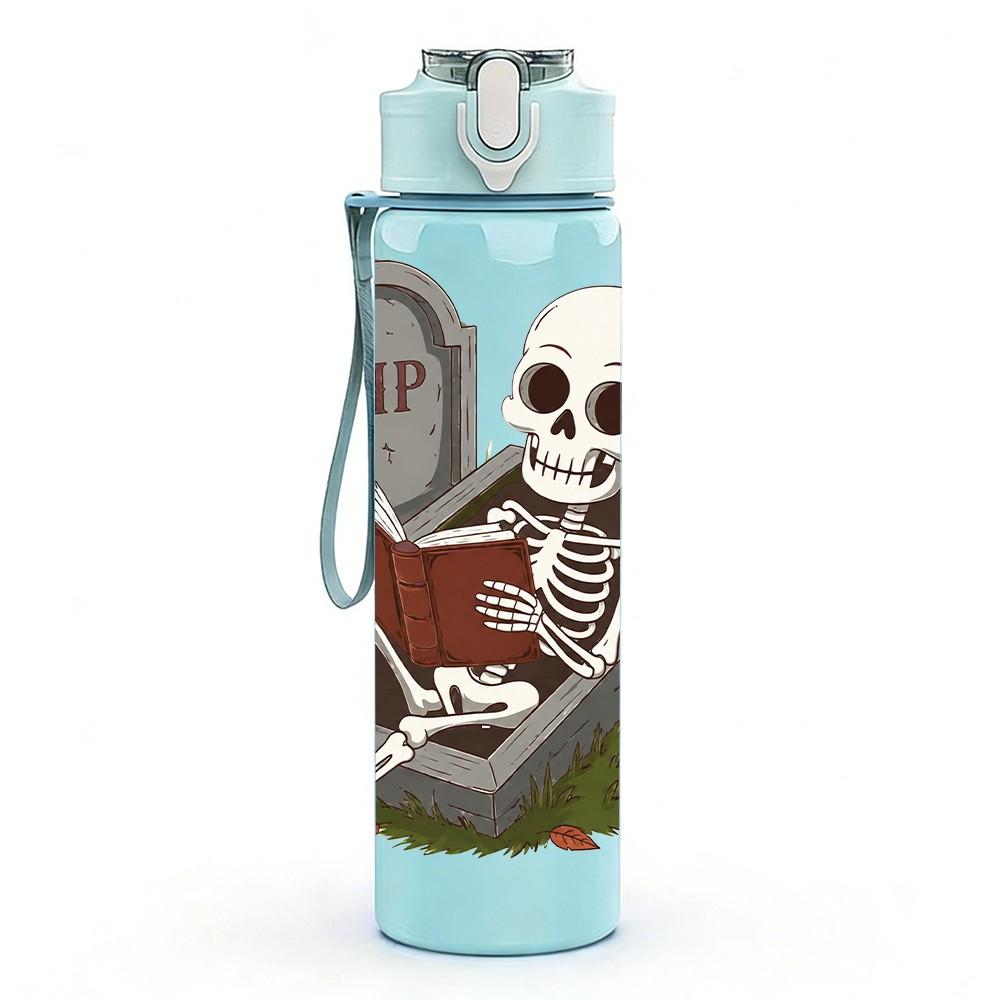 1PC Skeleton Tombstone Halloween Pattern 750ml Color Plastic Sports Water Bottle Leakproof Flip Straw Lid Suitable for Sports Office Home Use