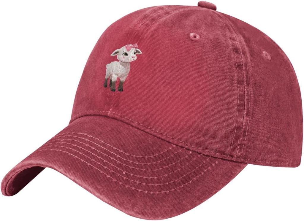 Pink Bow Lamb Embroidered Baseball Cap Washed Denim Casual Adjustable Cotton Hat Unisex