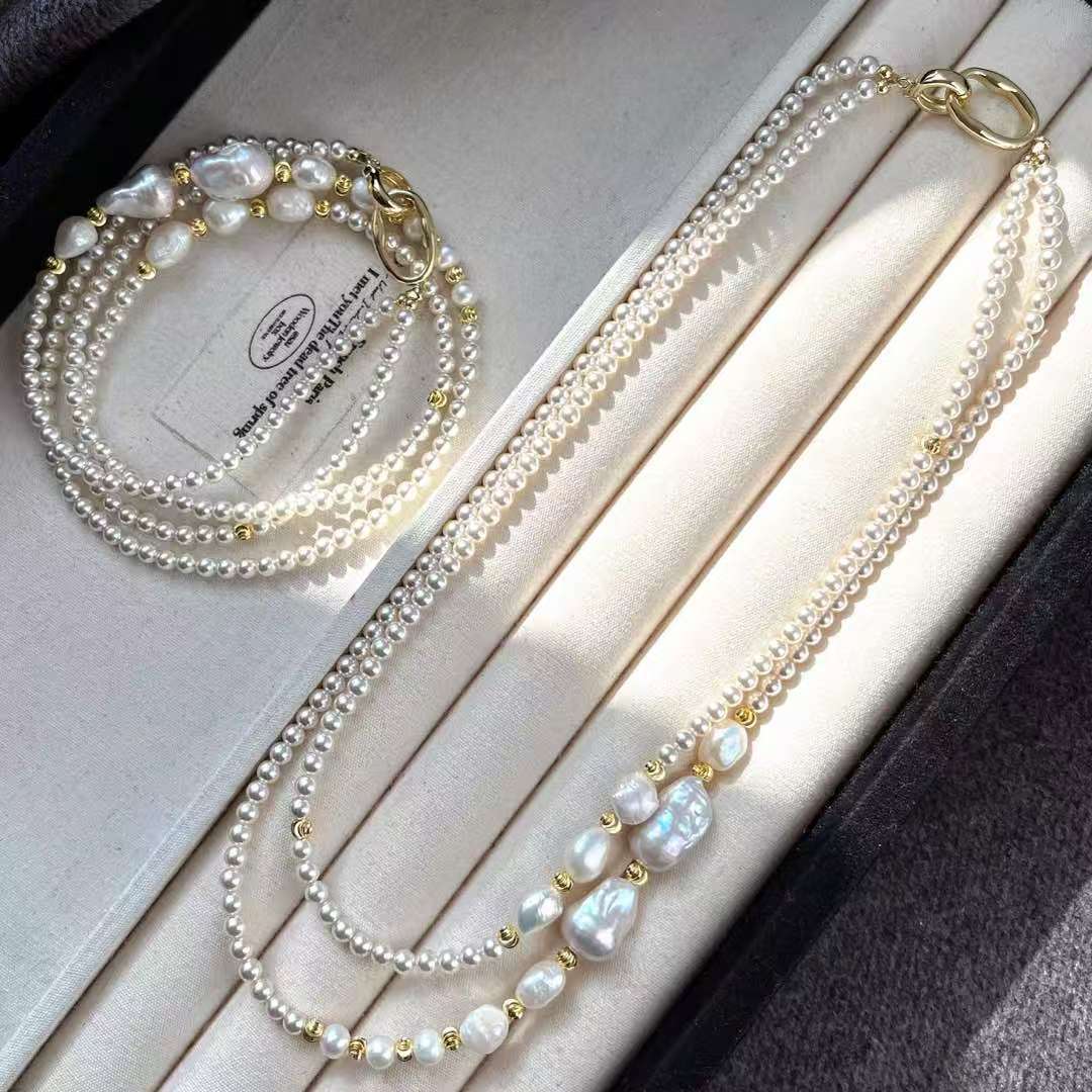 Vintage Natural Freshwater Baroque Pearl Artificial Crystal Pearl Double Necklace Clavicle Chain