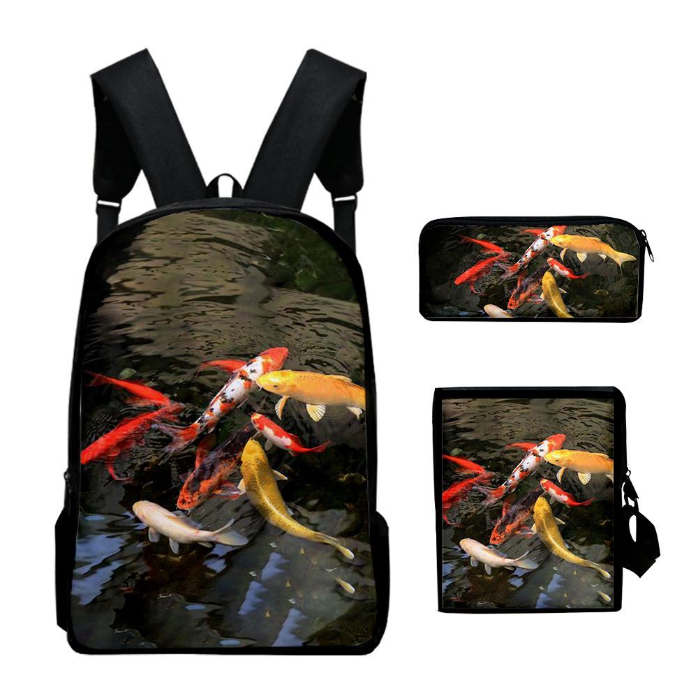 Classic Novelty Cool Koi Carp 3D Print 3pcs/Set Pupil School Bags Laptop Daypack Backpack Inclined Shoulder Bag Pencil Case