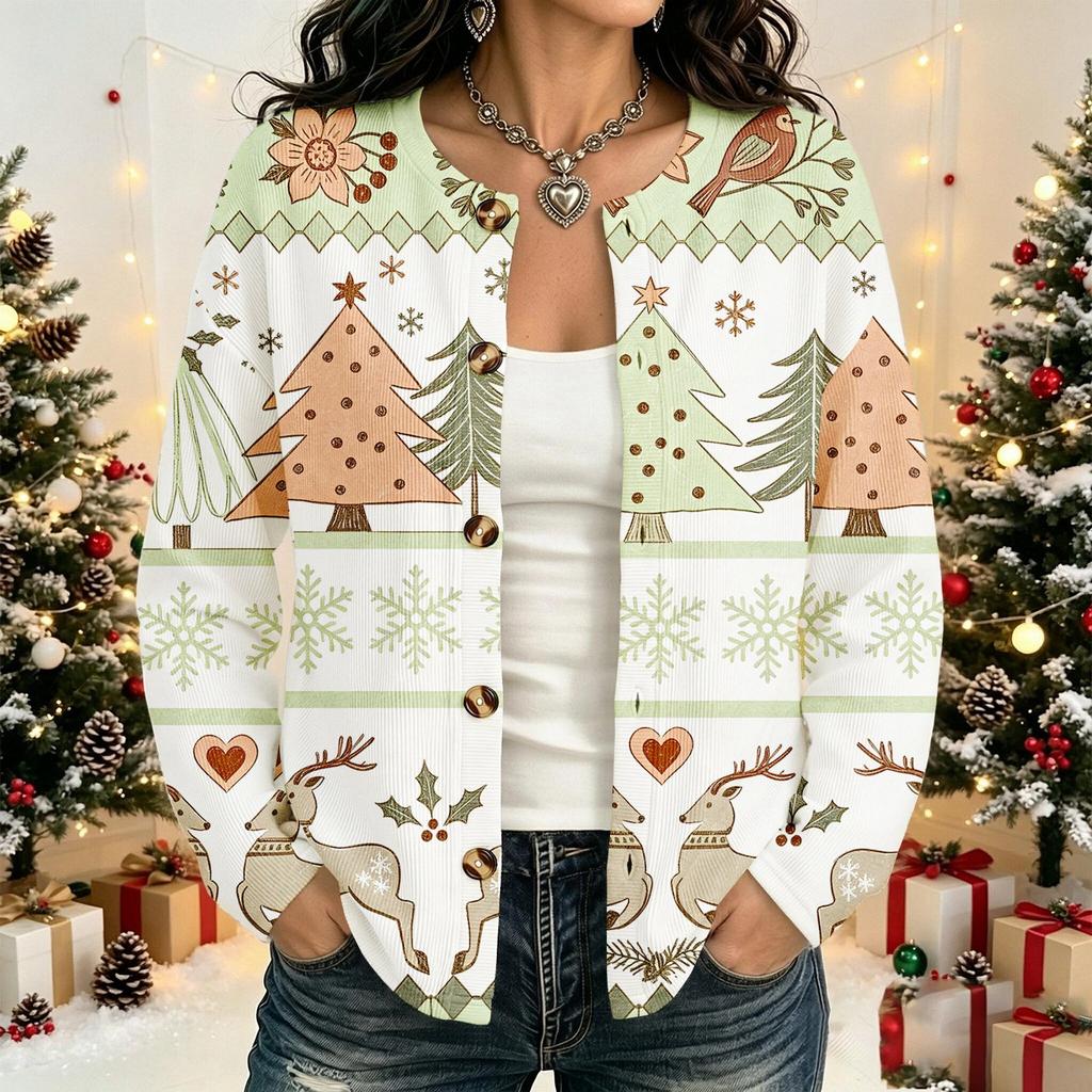 Damen Strickjacke mit langen Ärmeln und Weihnachtsdruck für die Feiertagsparty und den täglichen Gebrauch