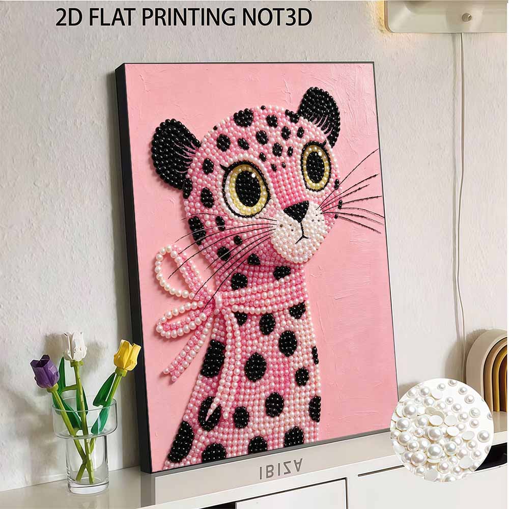 DIY Frameless Pearl Art Painting Kit Pink Leopard With Bow Knot 3D Sparkling Bead Canvas Gift for Craft Lovers Home Wall Decor Art Project