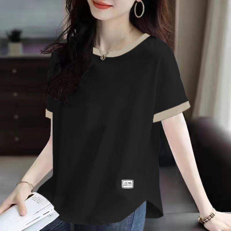 

Cotton Patchwork Contrast Color Short Sleeve T-Shirt Women s Summer New Arrival Loose Tummy Hiding Slimming Plus Size Women s Anti-Aging Top Fashion Black XL