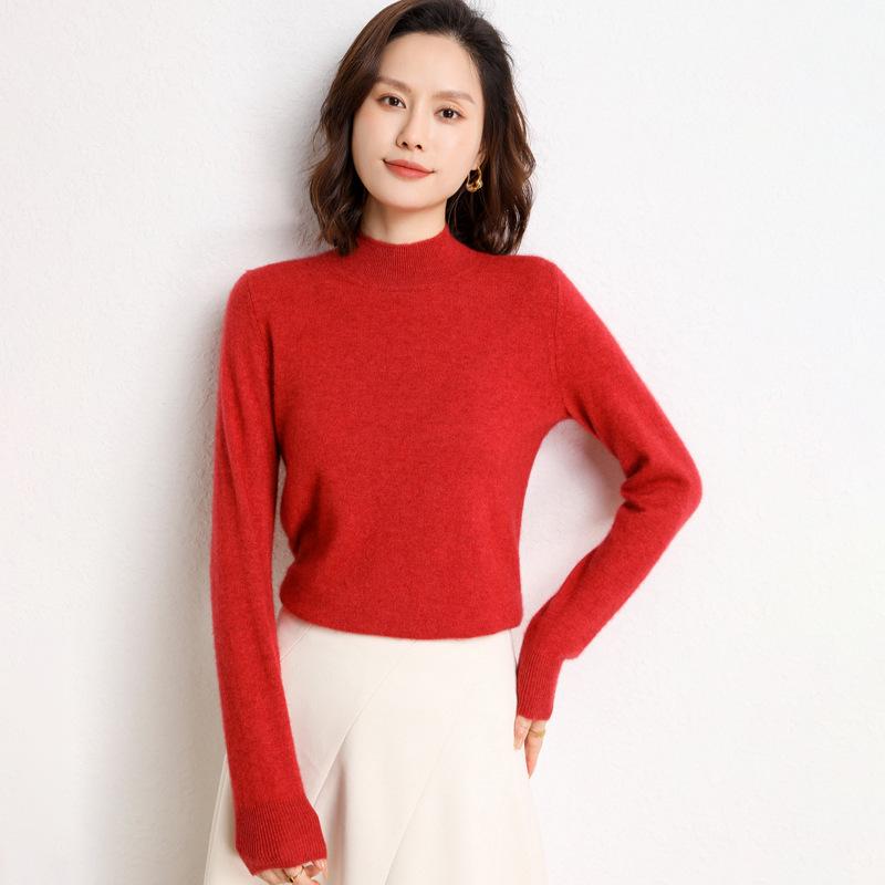 Women's Loose Fit Cashmere Half-High Neck Sweater - Soft, Classic Autumn/Winter Knit Base Layer