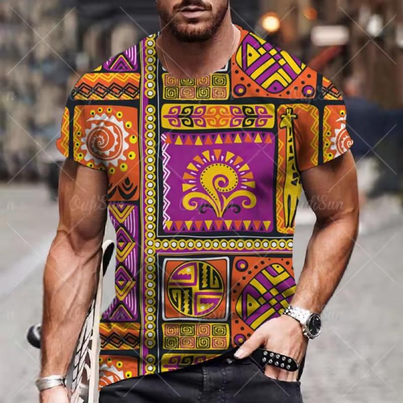 Men's T-shirt Ethnic Print 3D Casual Short Sleeve Summer Round Neck Streetwear Vintage Man Loose Sweatshirt Breathable Men Clothes