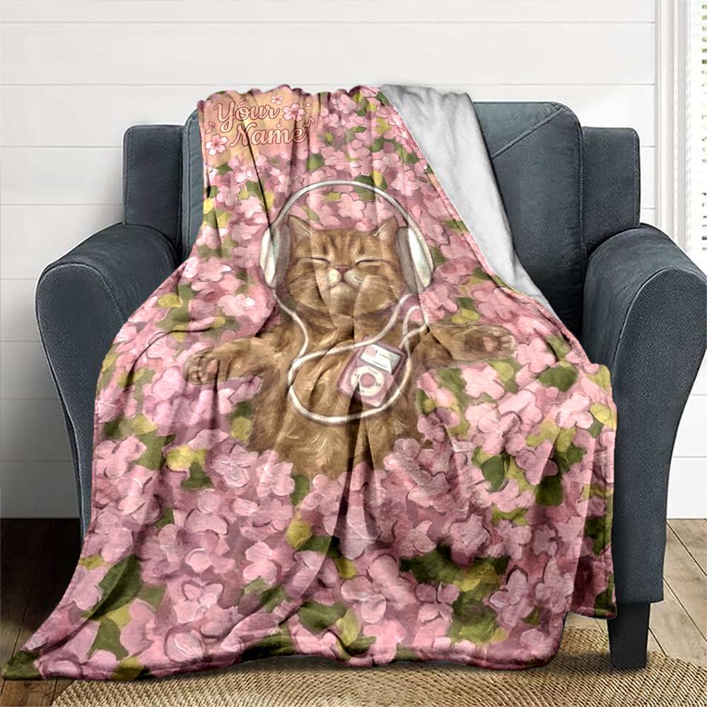 Name Custom Cute Cat Print Flannel Blanket High Quality Warm Comfortable Cover for All Seasons Perfect for Gifts Home Decor