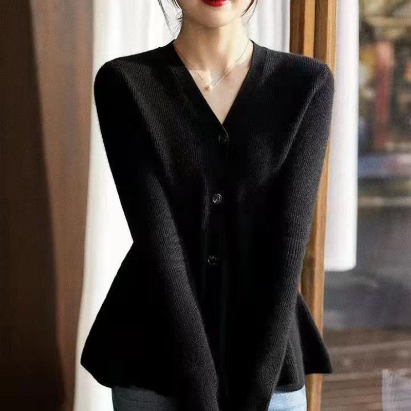Designer Fishtail Hem Waist Slimming Knit Sweater Women Autumn Winter V Neck Versatile Cardigan Top
