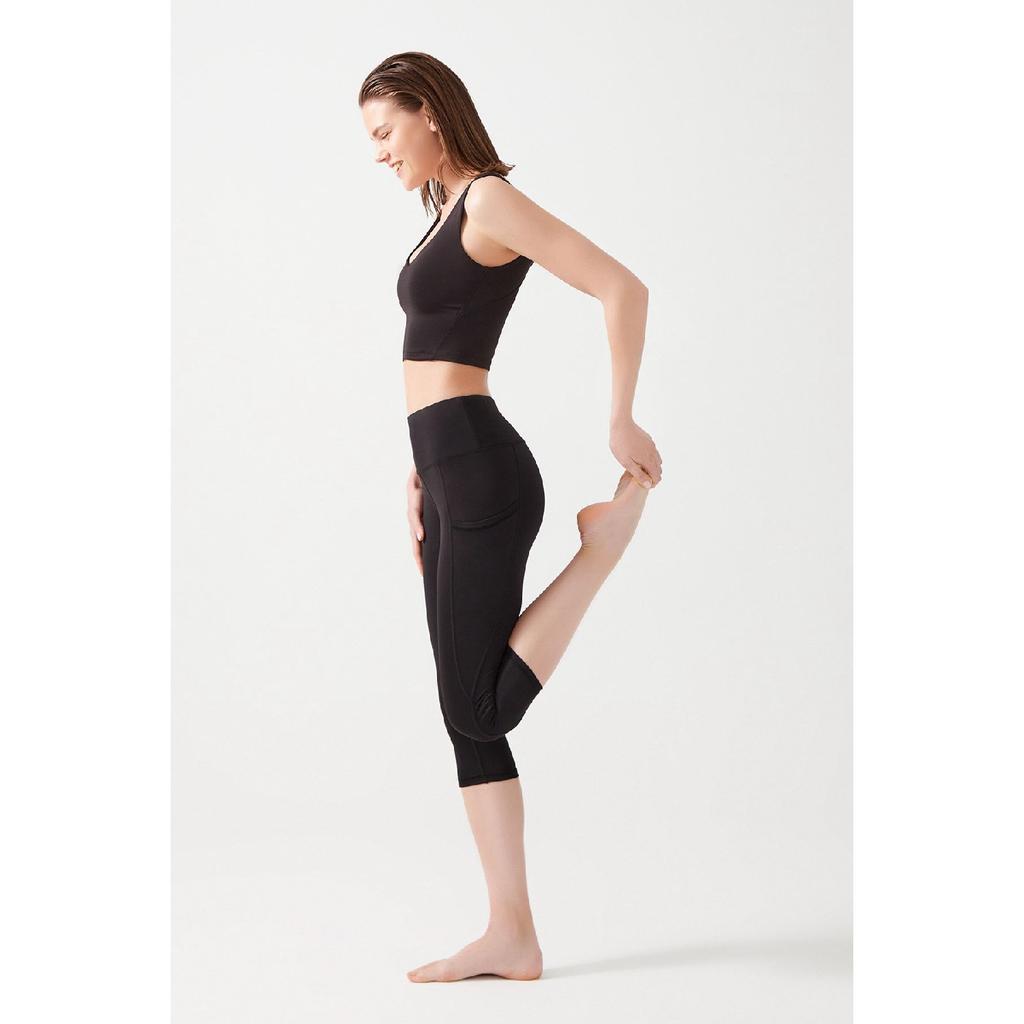 Women's Black High Waist Collecting Double Pocket Below Knee Capri Leggings Capri