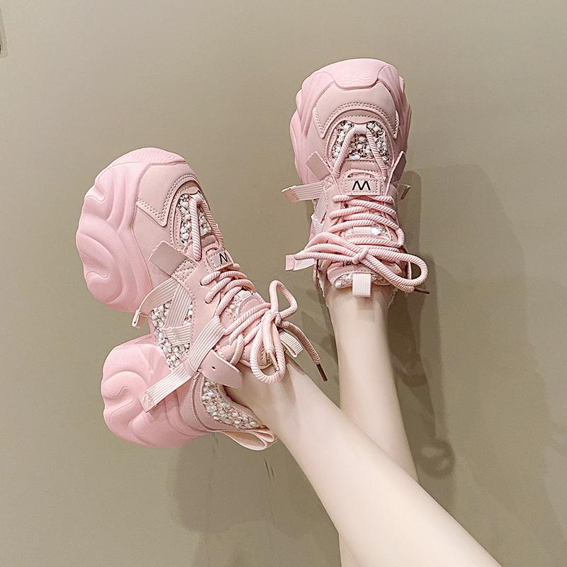 Fashion New Fashion Mesh Breathable Chunky Women's Sneakers Casual Lace Up 7CM Heightening Sports Shoes Comfortable Ladies Running Shoes