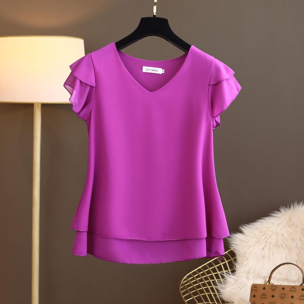 Summer Women Blouse V-Neck Chiffon Shirt Loose Female Short Sleeve Blouse Oversized Shirts Womens Tops