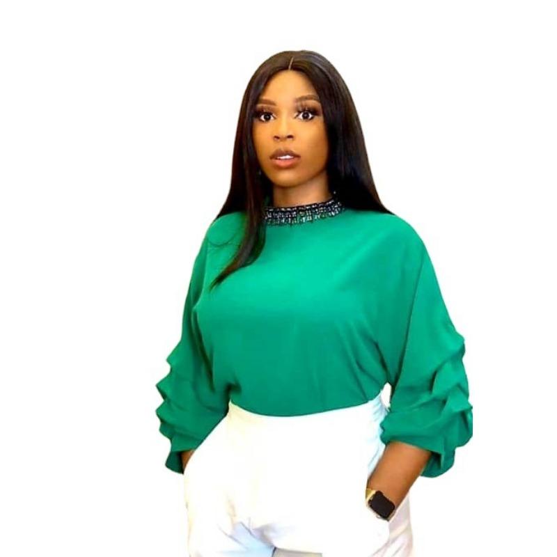 

Женская блузка-пуловер с рукавами-фонариками, стильная однотонная рубашка с круглым вырезом для поездок на работу XL зелёный