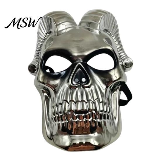 Three Dimensional Skull Mask Halloween Mask, Silver Demon Ram Horn Face Scary Headgear for Party, Headgear, Glossy Metallic Cosplay Prop Comfortable серебряный