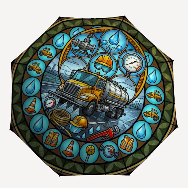 Water Delivery Truck Art Pattern Umbrella, Portable and Foldable Design, 8 Ribs, a Casual Accessory for Halloween, Christmas, and Birthday Gifts.