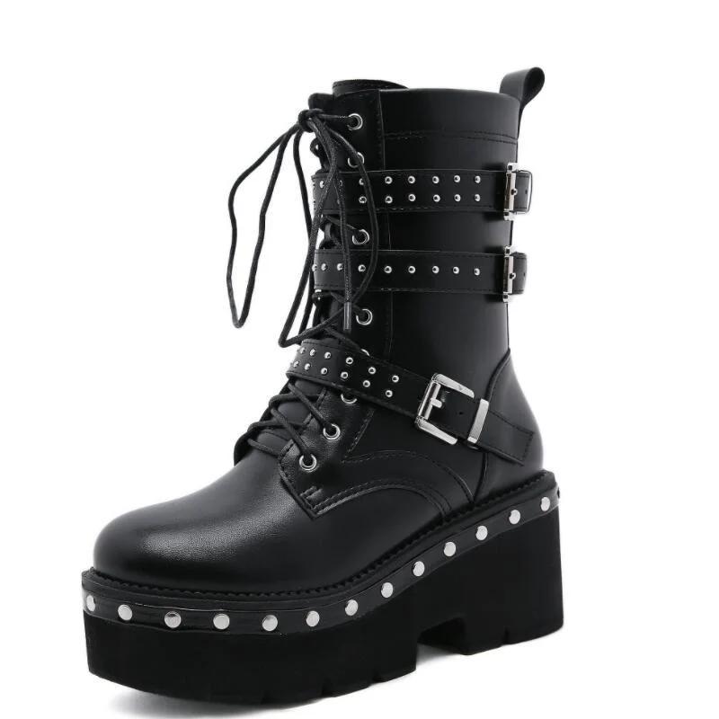 Fashion Sexy Buckle Women's winter high boots Leather Block Heel Gothic Black Punk Style Platform Shoes Female Footwear Women's shoes
