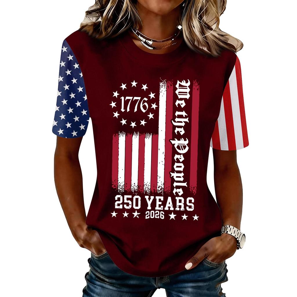 Blusa Feminina da Moda Casual de Manga Curta com Estampa e Gola Redonda