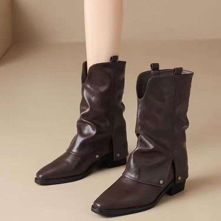 

Men Women Boots SlipOn SquareToe New Square Toe Ankle Slip Mid Calf Booties Chunky Heel Retro All Season Fashion 35