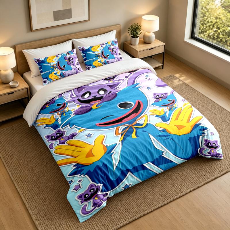 3-Piece Bed Sheet Set with poppy playtime Design, 1 Flat Sheet and 2 Pillowcases for Bedroom
