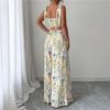 Women's 2 Piece Floral Print Set Tie Strap Crop Top & Wide Leg Pants Summer Outfit