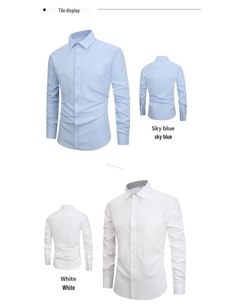 Men's Solid Color Non-Iron White Long Sleeve Slim Fit Business Shirt