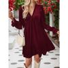 Women Elegant Velvet V Neck Long Sleeve High Waist A Line Short Dress