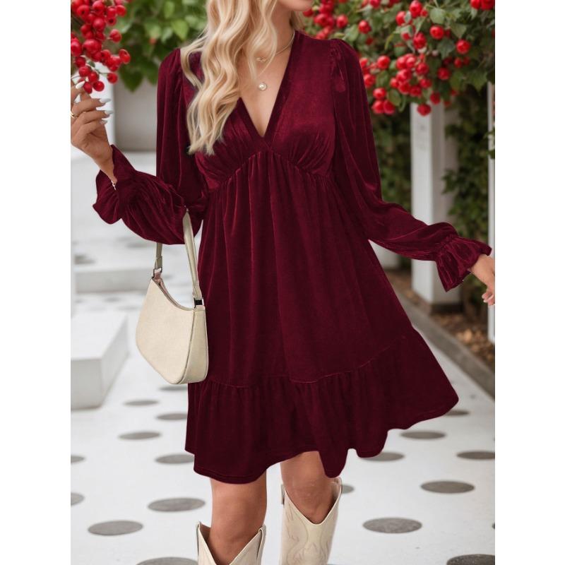 Women Elegant Velvet V Neck Long Sleeve High Waist A Line Short Dress