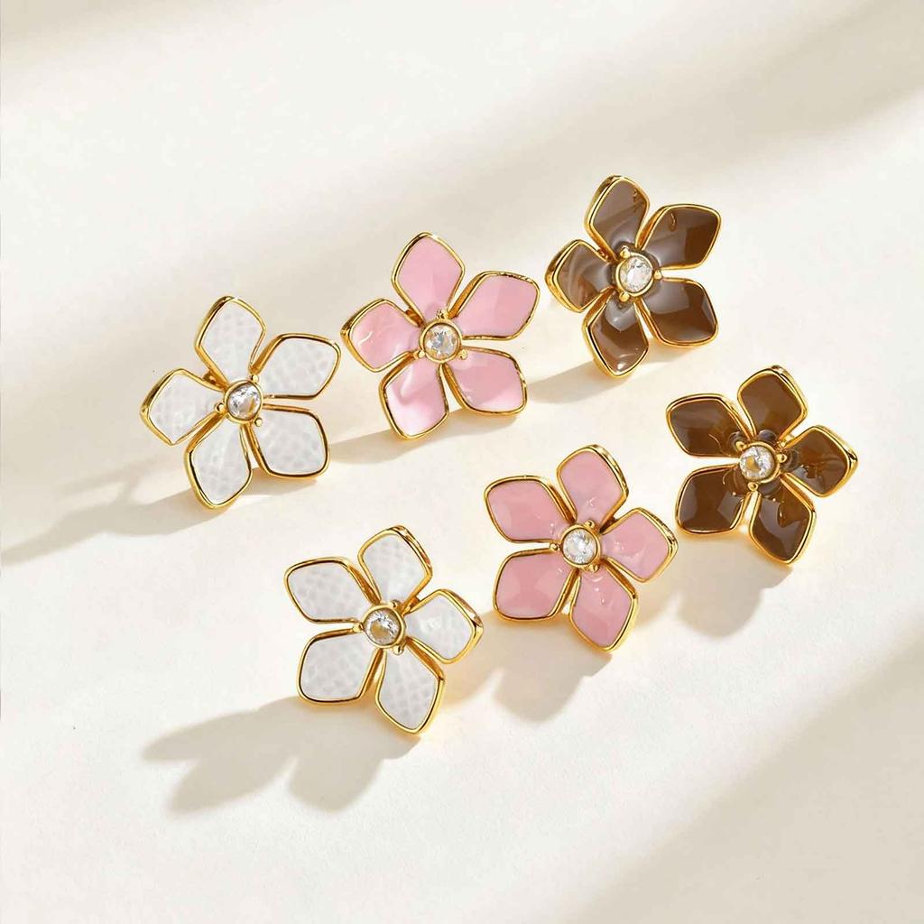 Bright Pink Lacquered Flower Texture Earrings,Stainless Steel Vintage Romantic Earrings,Daily Life Trendy Women Jewelry Gift