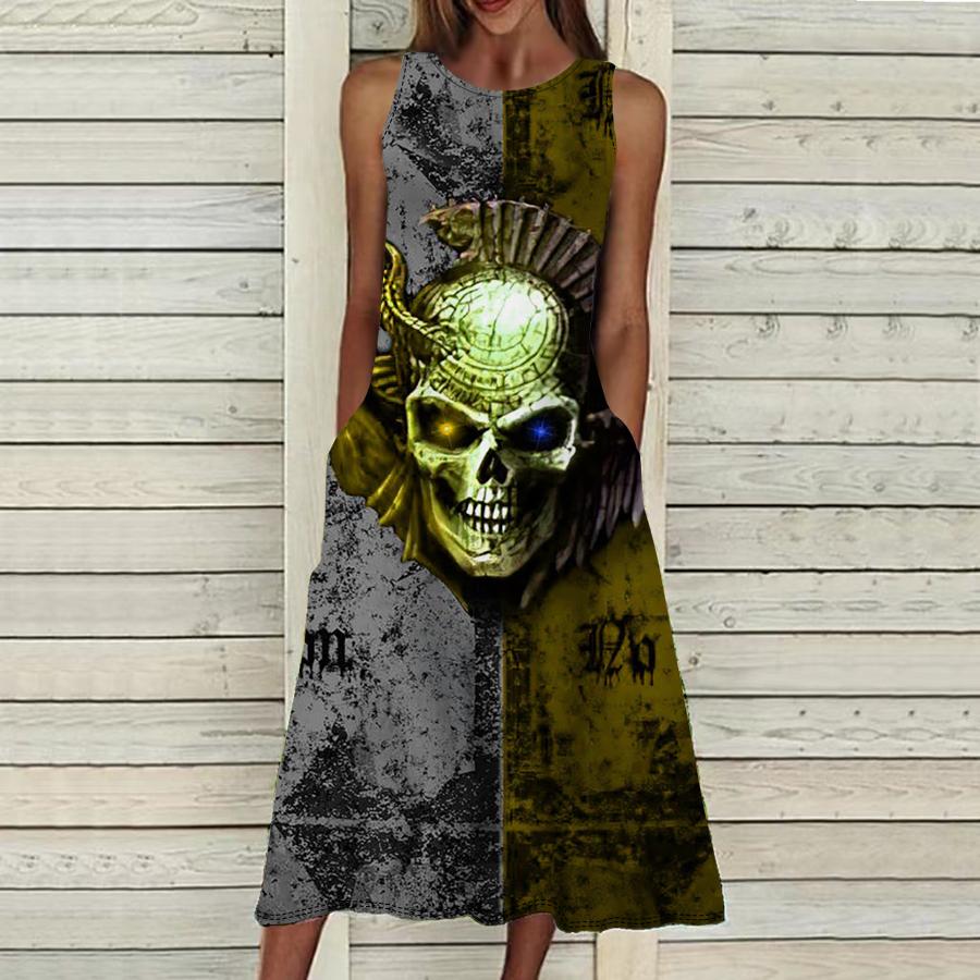 Moda de vară Rochie sexy fără mâneci Moale Casual Rochie cu imprimeu schelet întunecat Rochie fără mâneci Rochie cu bretele de vară