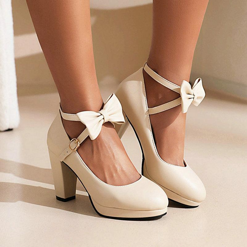 Round head spring and autumn high heels girl princess small leather shoes white girl thick heel single shoes Mary Jane women's single shoes