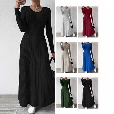 Autumn Winter Women's V-Neck Knit Maxi Dress, Long Sleeve Bodycon Slip Dress for Layering, Versatile Stretch Slim Fit Inner Dress
