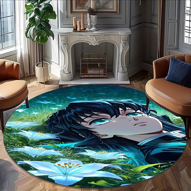 1pc Demon Slayer4 Print Round Carpet Chair Round Carpet Suitable for Bedroom Living Room Home Decorative Carpet