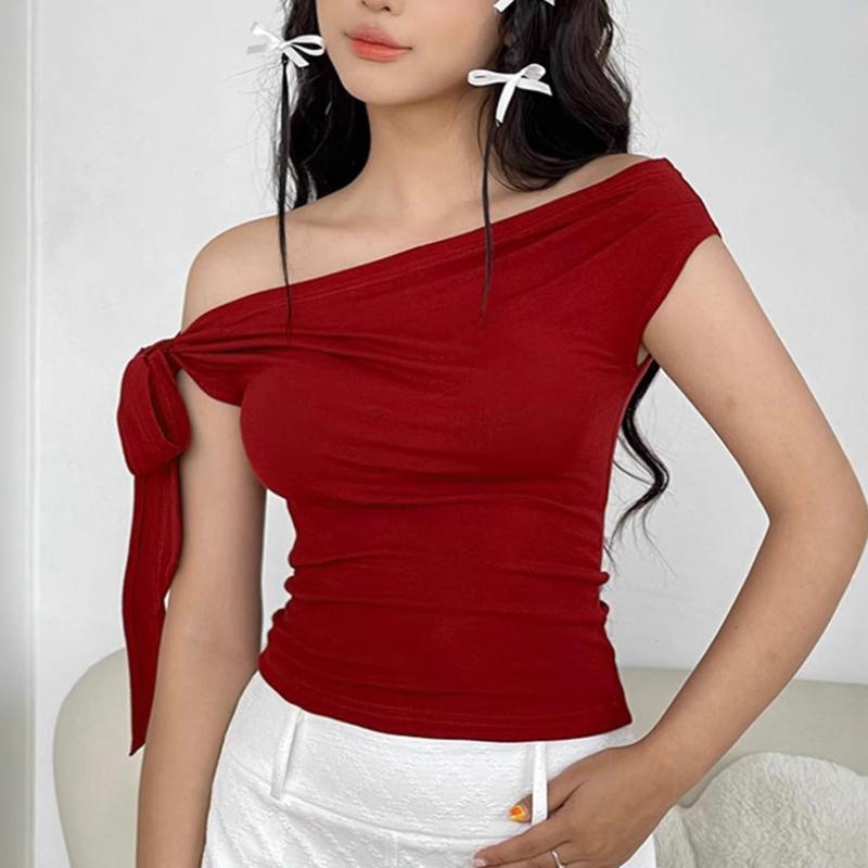 

Европейский и американский летний сексуальный топ с одним плечом и лентой для женщин Y2K M красный