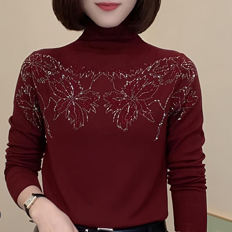 Autumn/Winter Semi-High Neck Rhinestone Long-Sleeved Top for Moms L