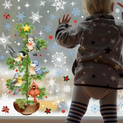 Snowflake Wall Sticker Christmas Tree Bird Christmas Wall Sticker Static Glass Sticker Window Sticker Home Decoration Wall Sticker