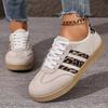 Women's Wide Width Leopard Print Sneakers - Round Toe Lace-Up Retro White Shoes, Casual Fashion Flats for Everyday Wear
