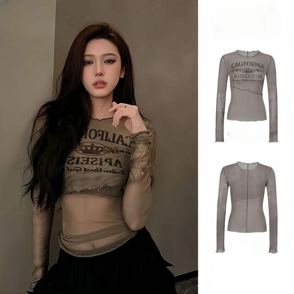 Retro síťované tričko s potiskem písmen pro ženy, sexy trička s dlouhým rukávem, topy, dívčí Y2K trička